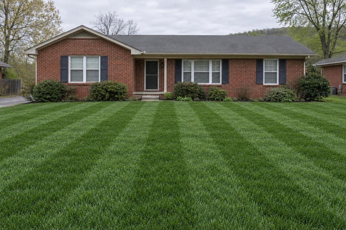 Patchy, weedy lawn, now thick and striped, after lawn care