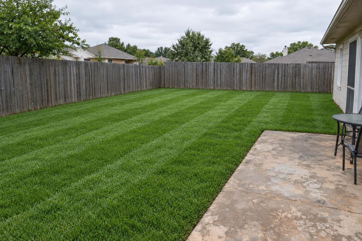 Bare, weedy backyard, after lawn care