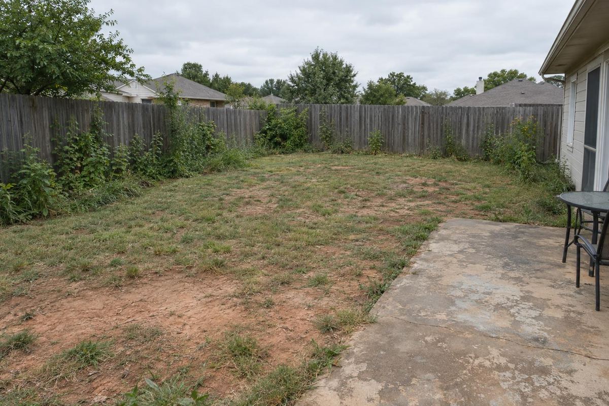 Bare, weedy backyard, before